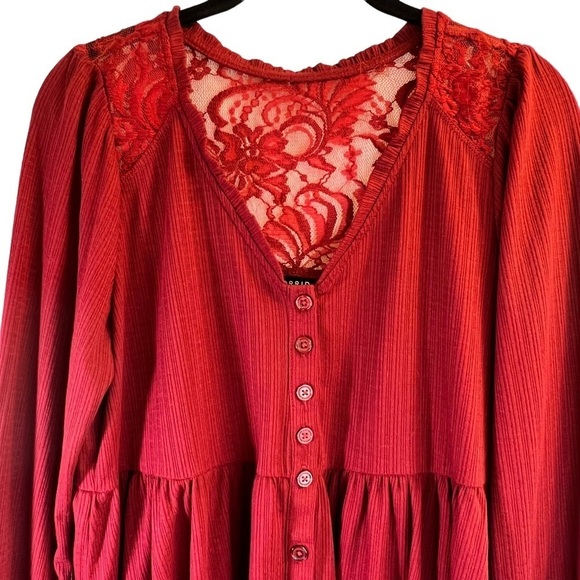 Torrid Women's Top M/L Red Babydoll Knit V-Neck Button Front Lace Peasant Sleeve - Picture 2 of 16